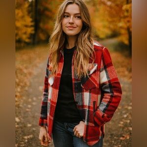 Red and White XS Plaid Flannel Button-Up Jacket